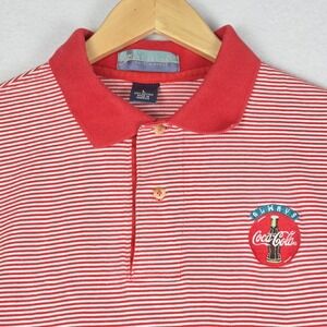 Coca Cola Pine Island Shirtmakers Mens Polo Large Red White Stripe Logo USA Made
